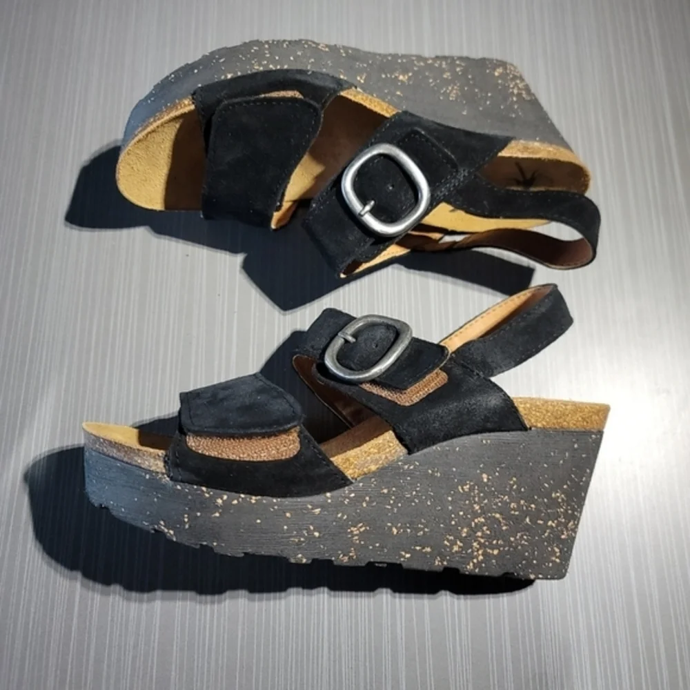 OTBT Peasant Women's 7.5 Black Suede & Painted Cork Wedge‎ Sandals NWOT